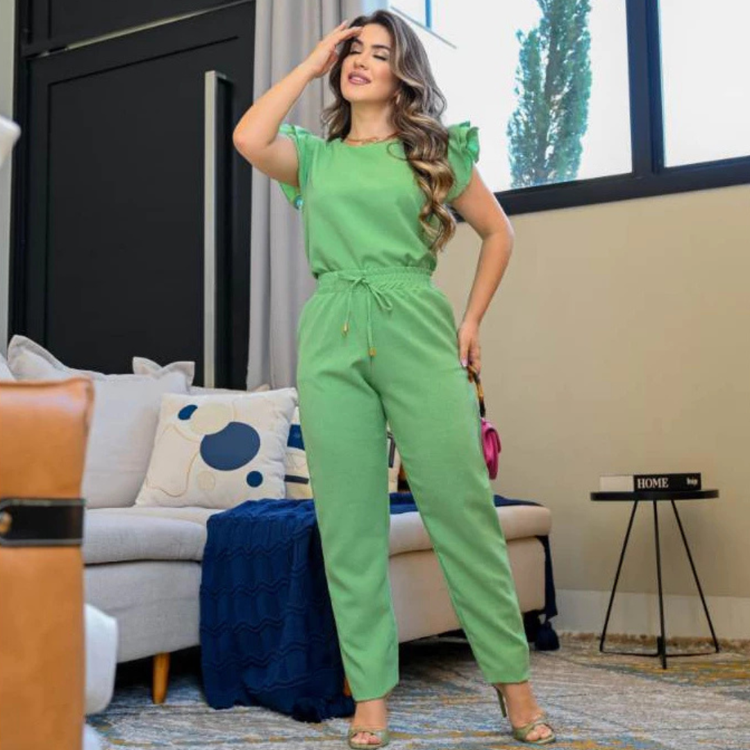 Conjunto Feminino Casual Elegante Blusa Calça em Linho De Algodão