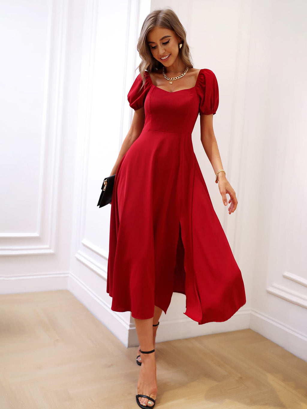 Vestido Midi Feminino Manga Bufante com Fenda