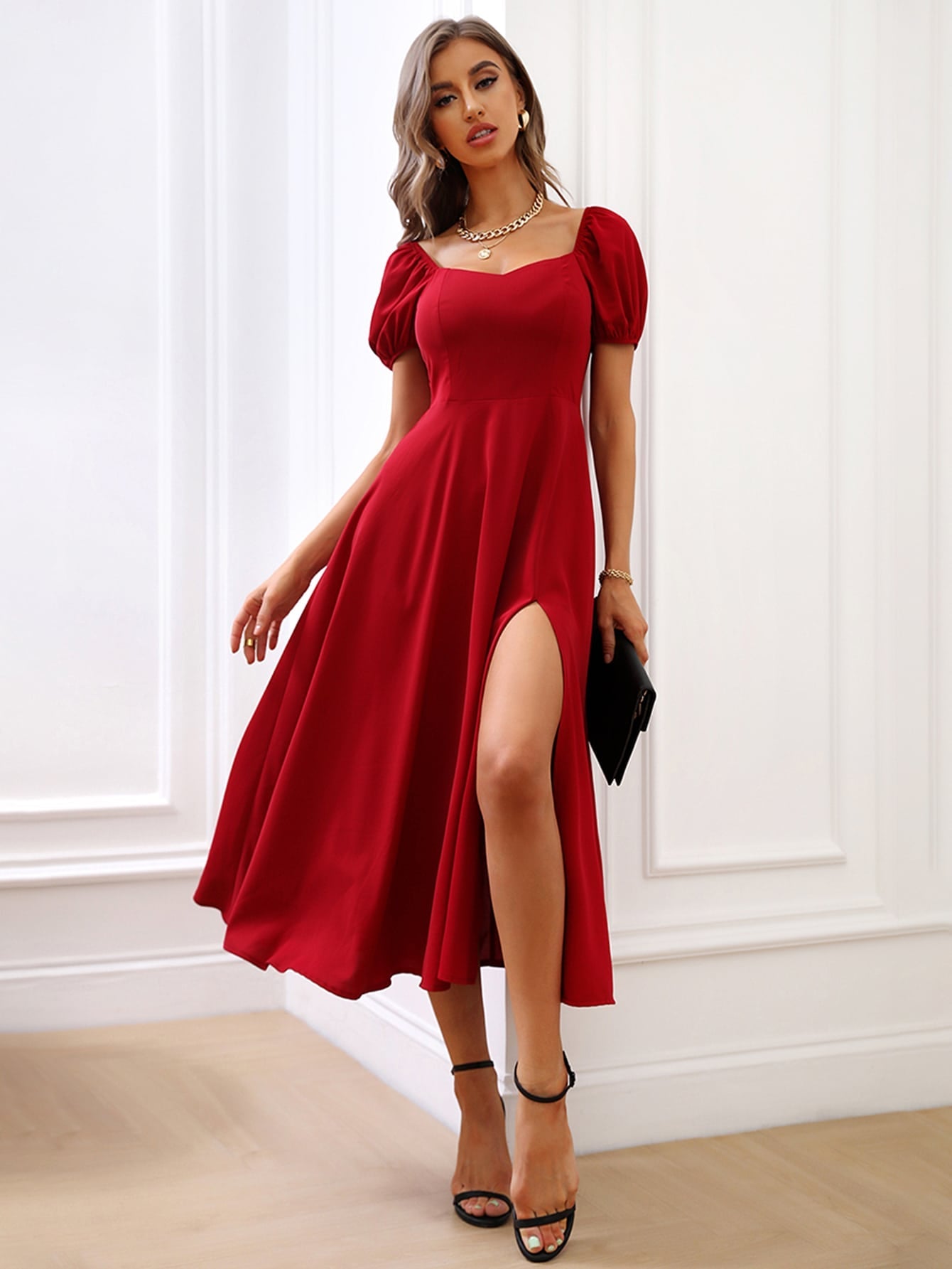Vestido Midi Feminino Manga Bufante com Fenda