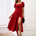 Vestido Midi Feminino Manga Bufante com Fenda