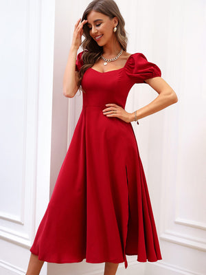 Vestido Midi Feminino Manga Bufante com Fenda