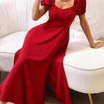 Vestido Midi Feminino Manga Bufante com Fenda