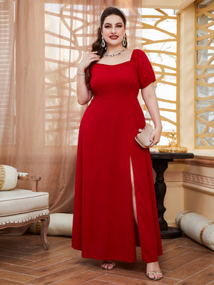 Vestido Longo Plus Size Manga Bufante com Fenda