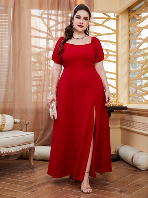 Vestido Longo Plus Size Manga Bufante com Fenda