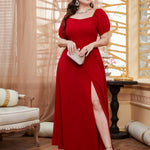Vestido Longo Plus Size Manga Bufante com Fenda