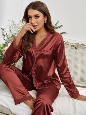 Pijama Longo Feminino de Inverno de Cetim Decote V