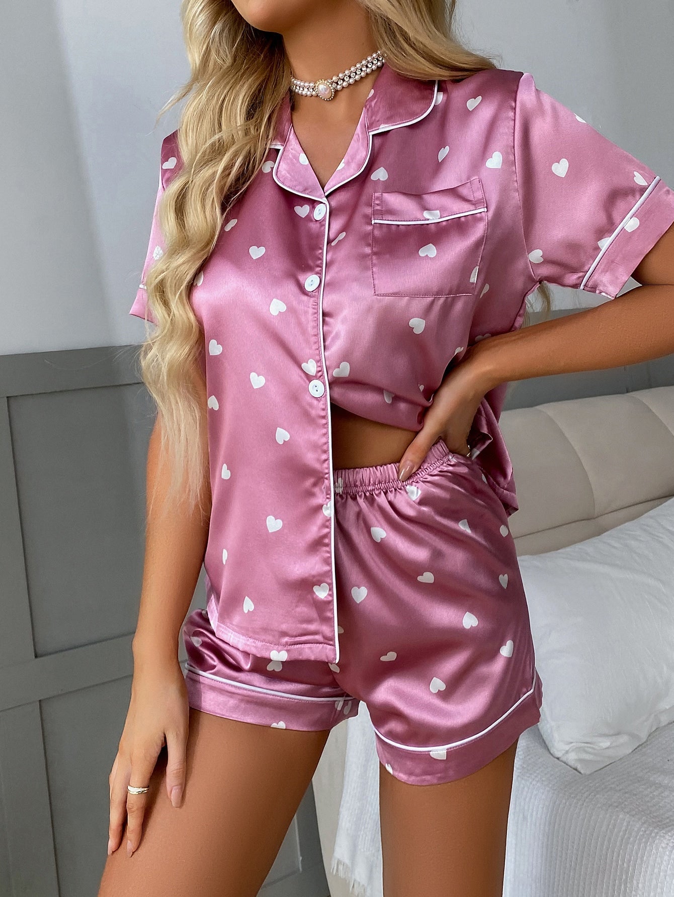 Pijama Feminino Cetim Coração Curto
