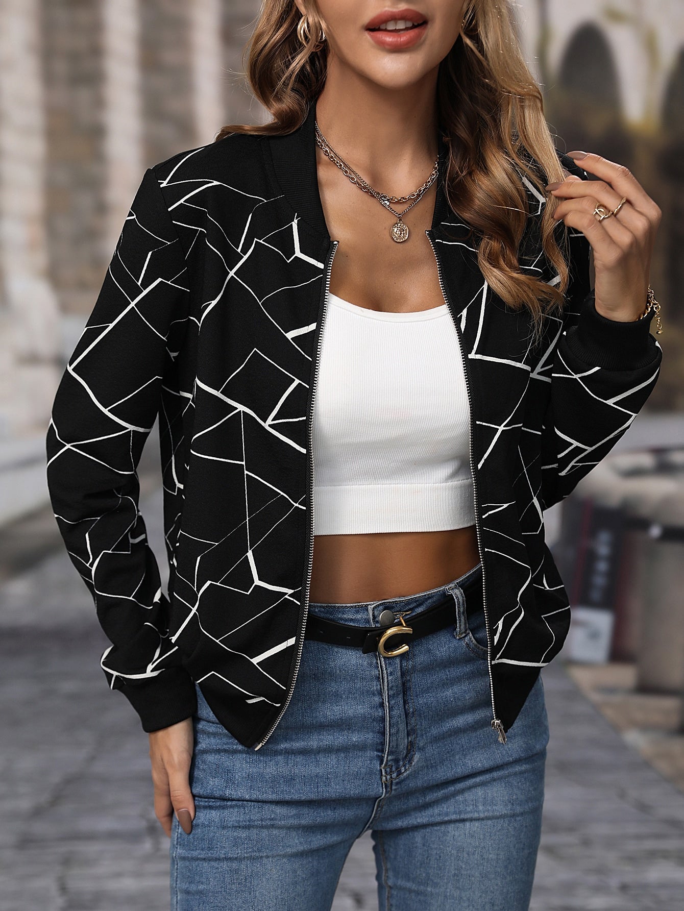Jaqueta Bomber Feminina Estampa Geométrica