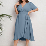 Vestido Plus Size Midi Envelope Liso Azul G - Entrega Rápida