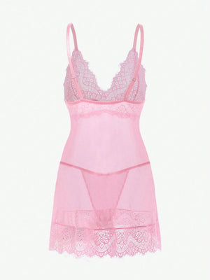 Camisola Sexy de Renda Semi Transparente + Calcinha