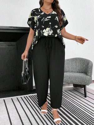 Conjunto Feminino Plus Size Manga Curta Calça Soltinha