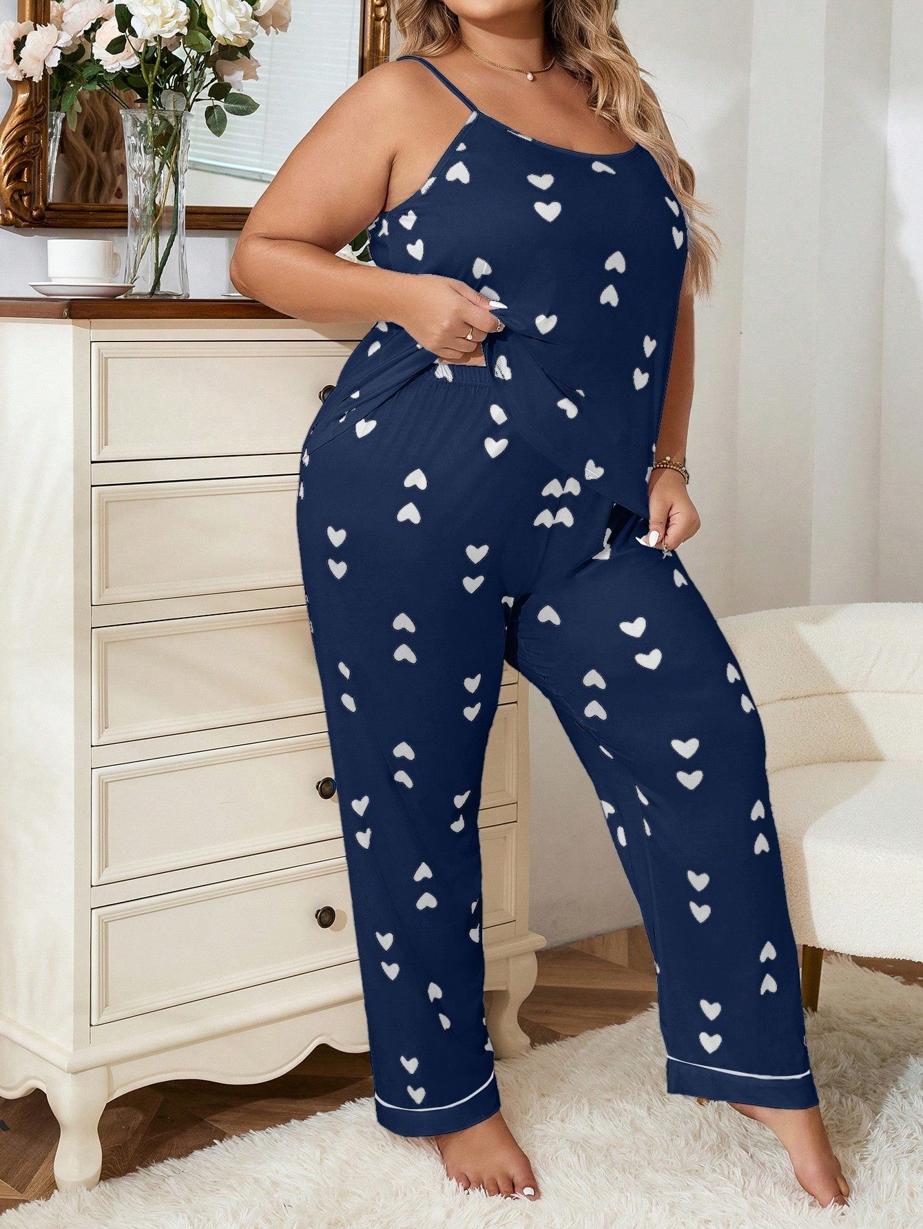 Pijama Longo Feminino Plus Size Soltinho Estampa Coração
