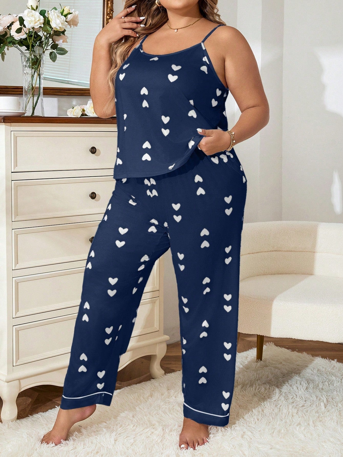 Pijama Longo Feminino Plus Size Soltinho Estampa Coração