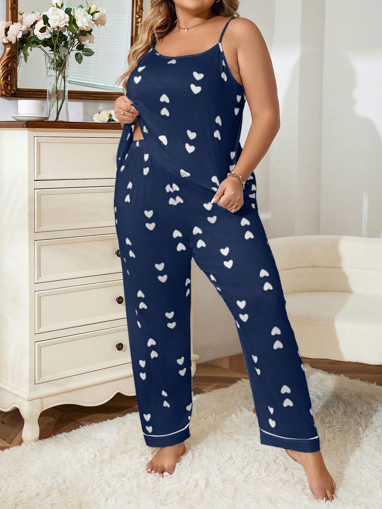 Pijama Longo Feminino Plus Size Soltinho Estampa Coração