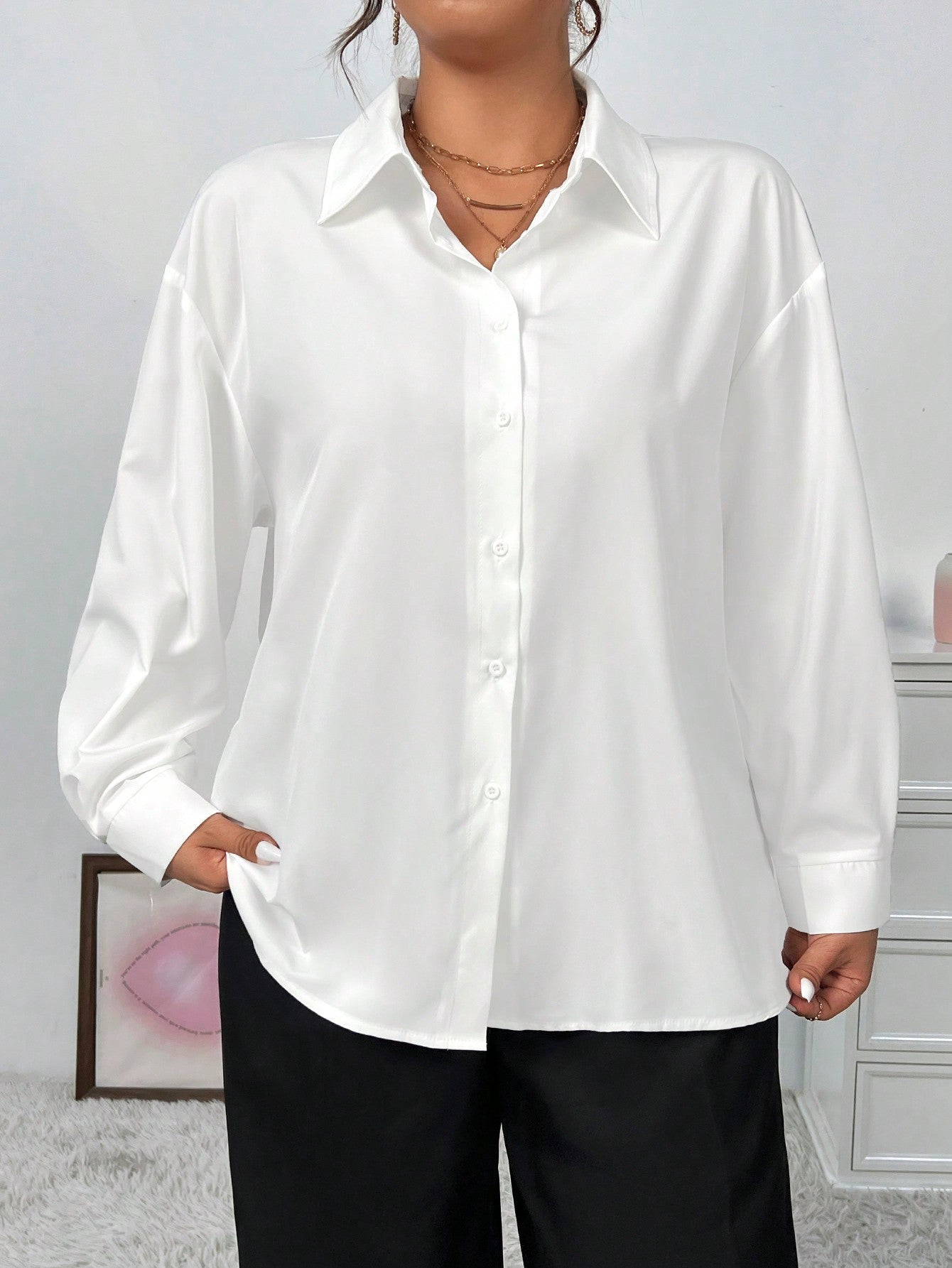 Camisa Feminina de Alfaiataria Plus Size Manga Comprida