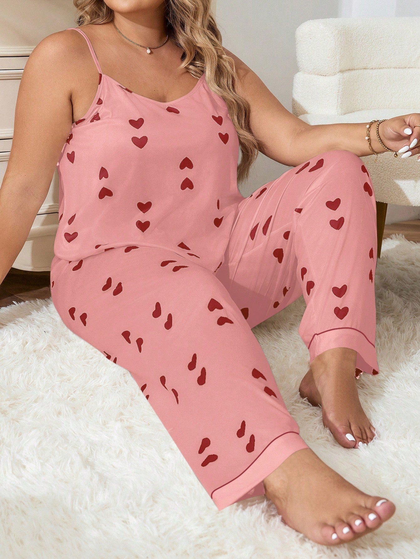 Pijama Longo Feminino Plus Size Soltinho Estampa Coração
