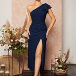 Vestido Midi Festa com Fenda Um Ombro Só