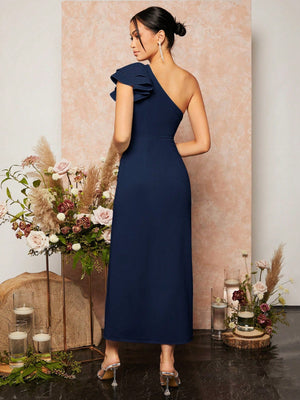 Vestido Midi Festa com Fenda Um Ombro Só