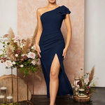 Vestido Midi Festa com Fenda Um Ombro Só