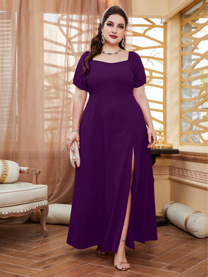 Vestido Longo Plus Size Manga Bufante com Fenda