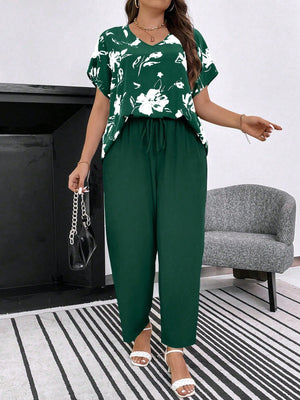 Conjunto Feminino Plus Size Manga Curta Calça Soltinha