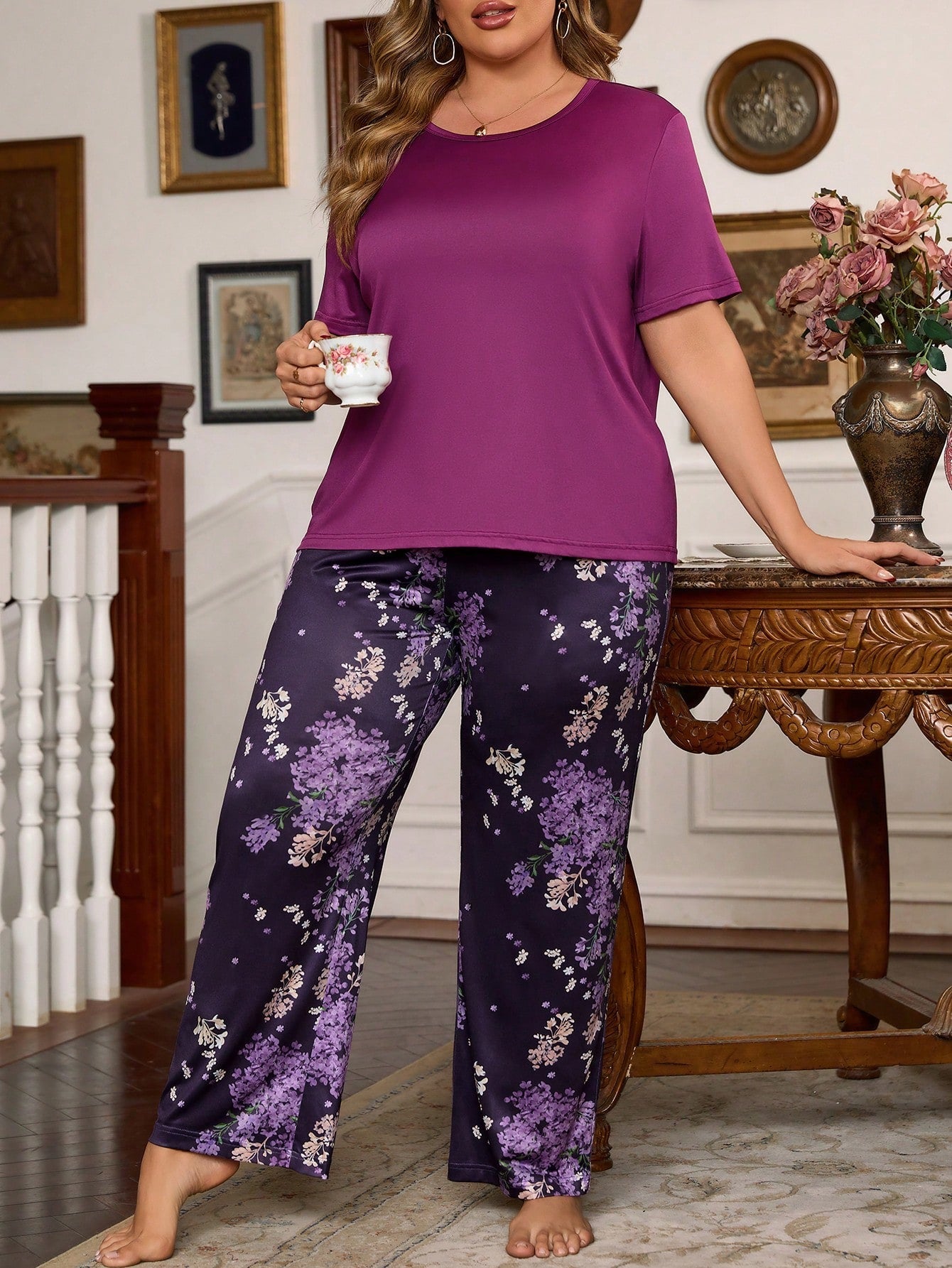 Pijama Longo Feminino Plus Size Florido