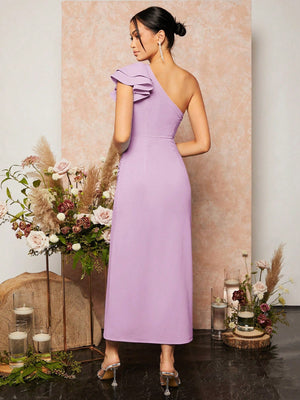 Vestido Midi Festa com Fenda Um Ombro Só