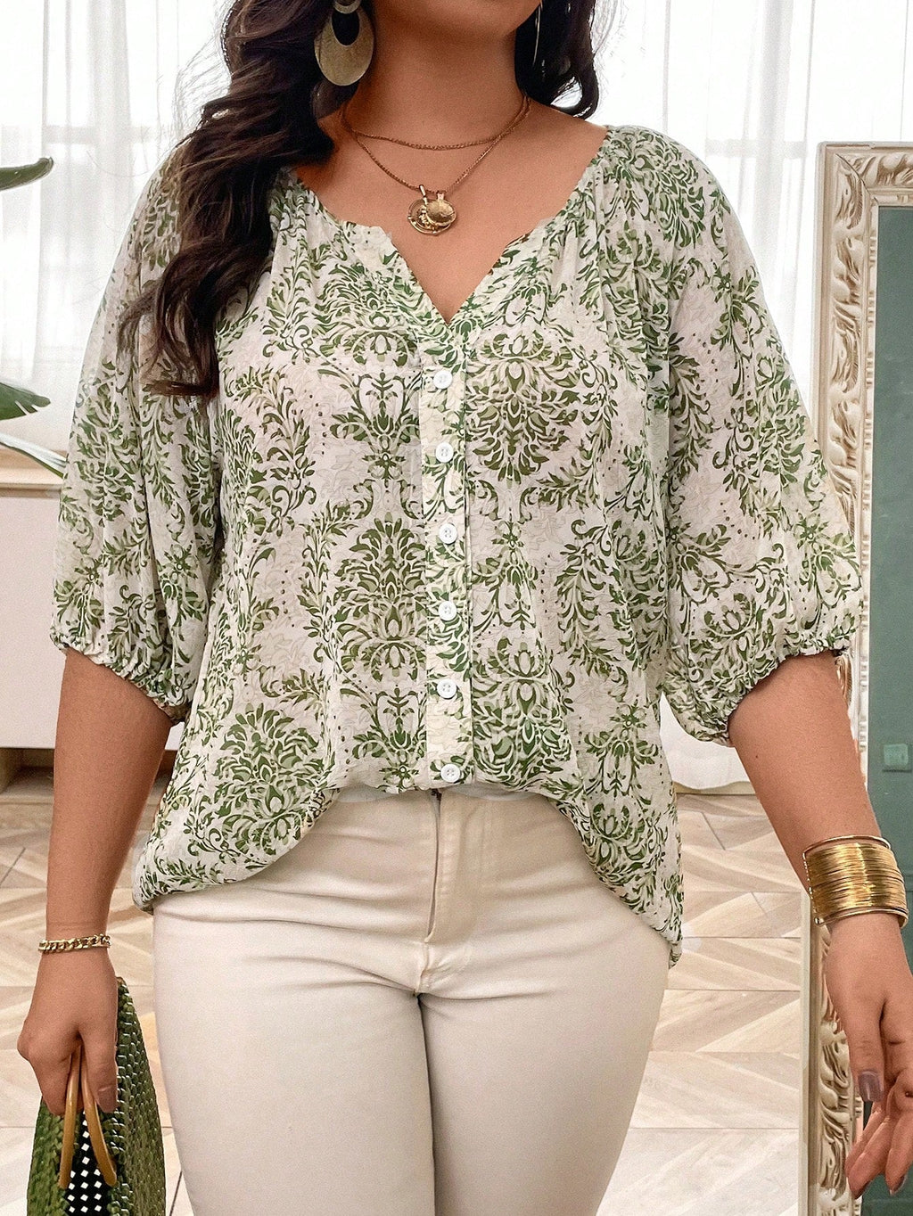 Blusa Feminina Plus Size Meia Manga Estampa Indiana
