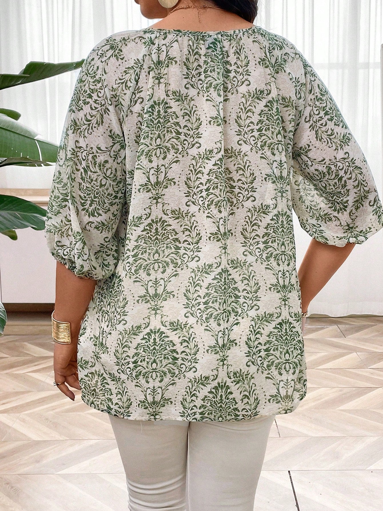 Blusa Feminina Plus Size Meia Manga Estampa Indiana