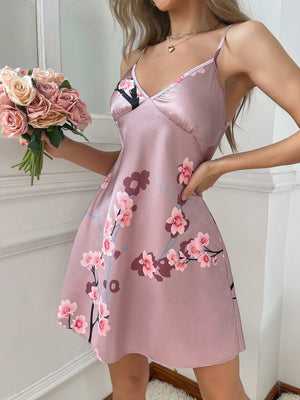 Camisola de Cetim Feminina Floral Decote V