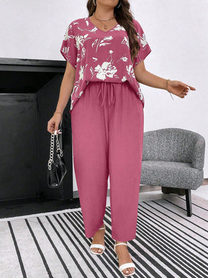 Conjunto Feminino Plus Size Manga Curta Calça Soltinha