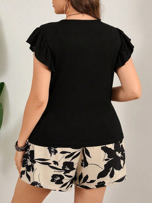 Conjunto Feminino Plus Size Blusa e Bermuda Estampa Floral