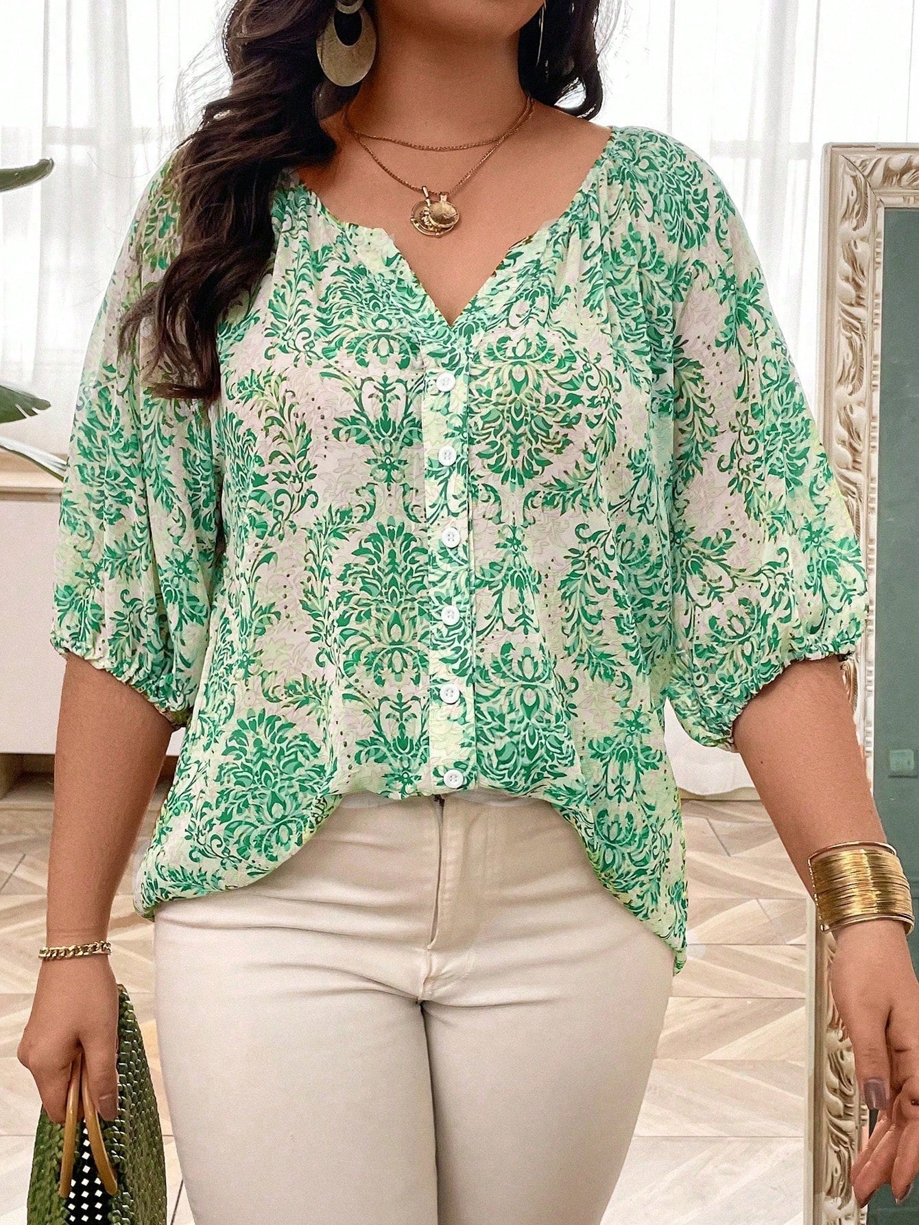 Blusa Feminina Plus Size Meia Manga Estampa Indiana