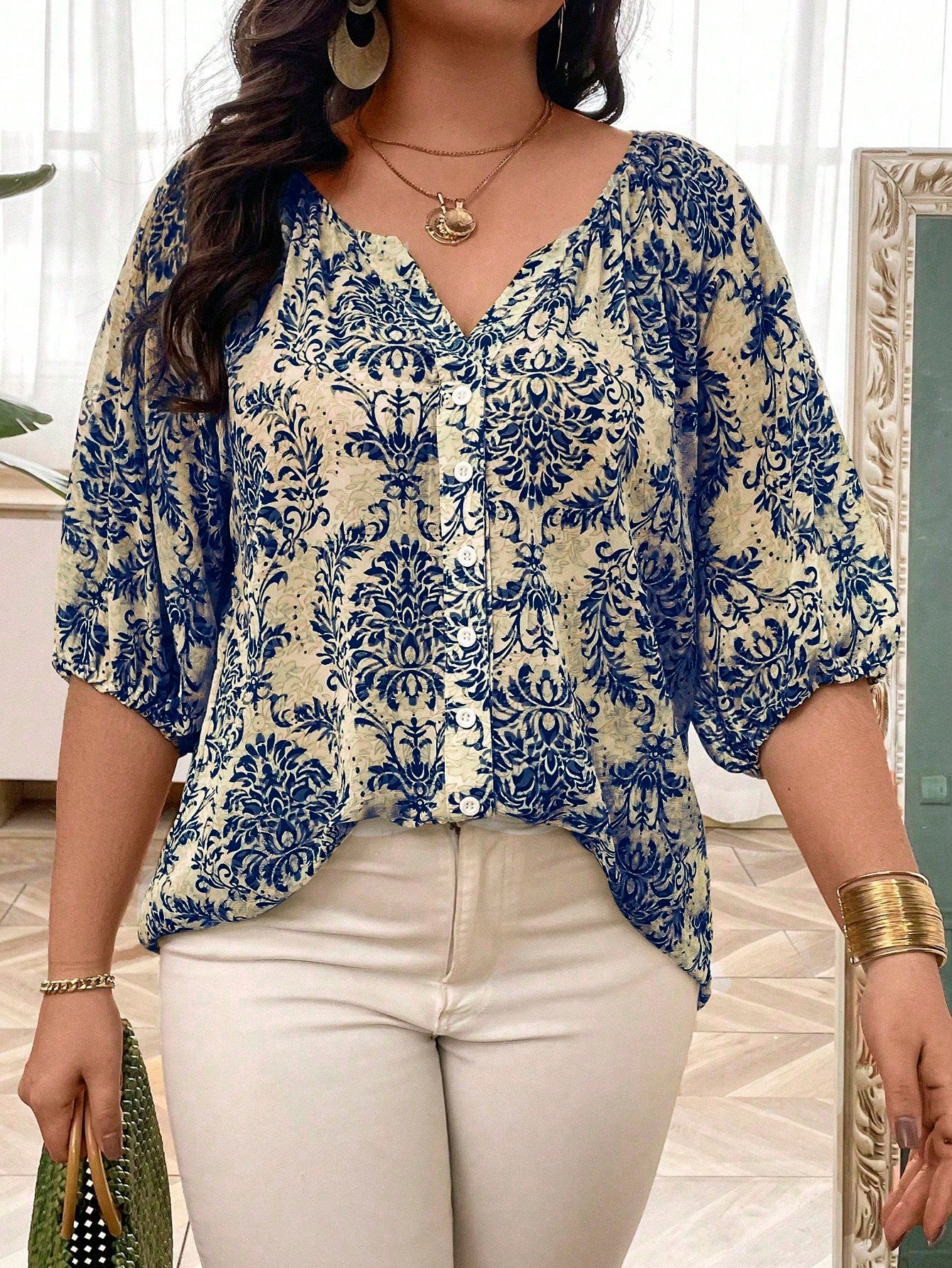 Blusa Feminina Plus Size Meia Manga Estampa Indiana
