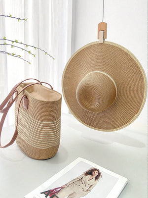 Conjunto Chapéu de Palha Feminino e Bolsa Grande