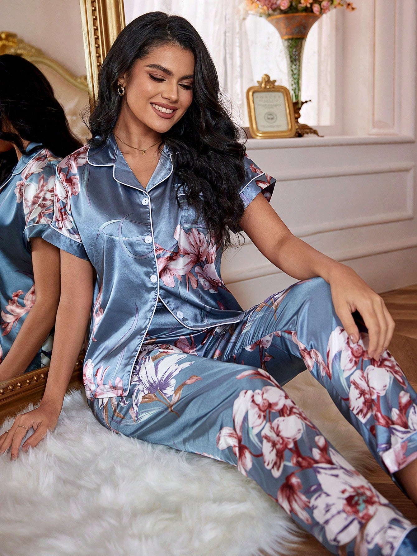 Pijama Feminino Longo de Cetim Elegante Floral