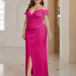 Vestido Longo Plus Size Festa com Fenda Ombro a Ombro
