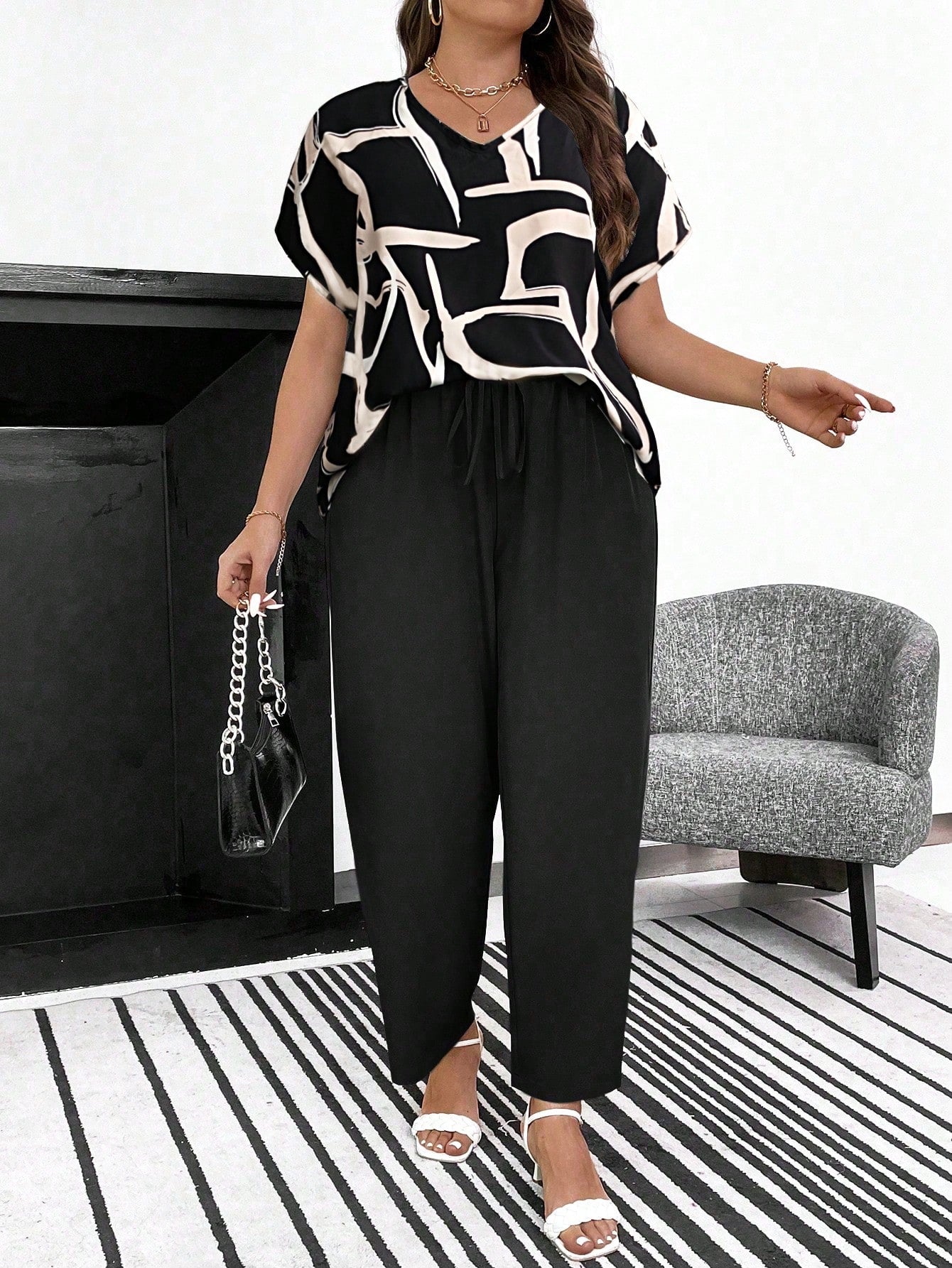 Conjunto Feminino Plus Size Manga Curta Calça Soltinha