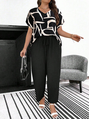Conjunto Feminino Plus Size Manga Curta Calça Soltinha