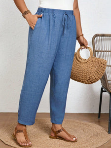 Frenchy Calça Casual de Cor Sólida Plus Size com Cintura Elástica e Bolsos Diagonais