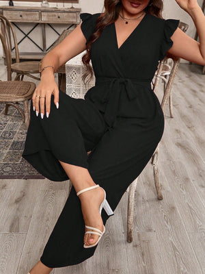 Macacão Feminino Plus Size Decote V Manga com Babado