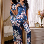 Pijama Feminino Longo de Cetim Elegante Floral