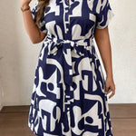Vestido Feminino Midi Plus Size Gola Camisa Geométrico