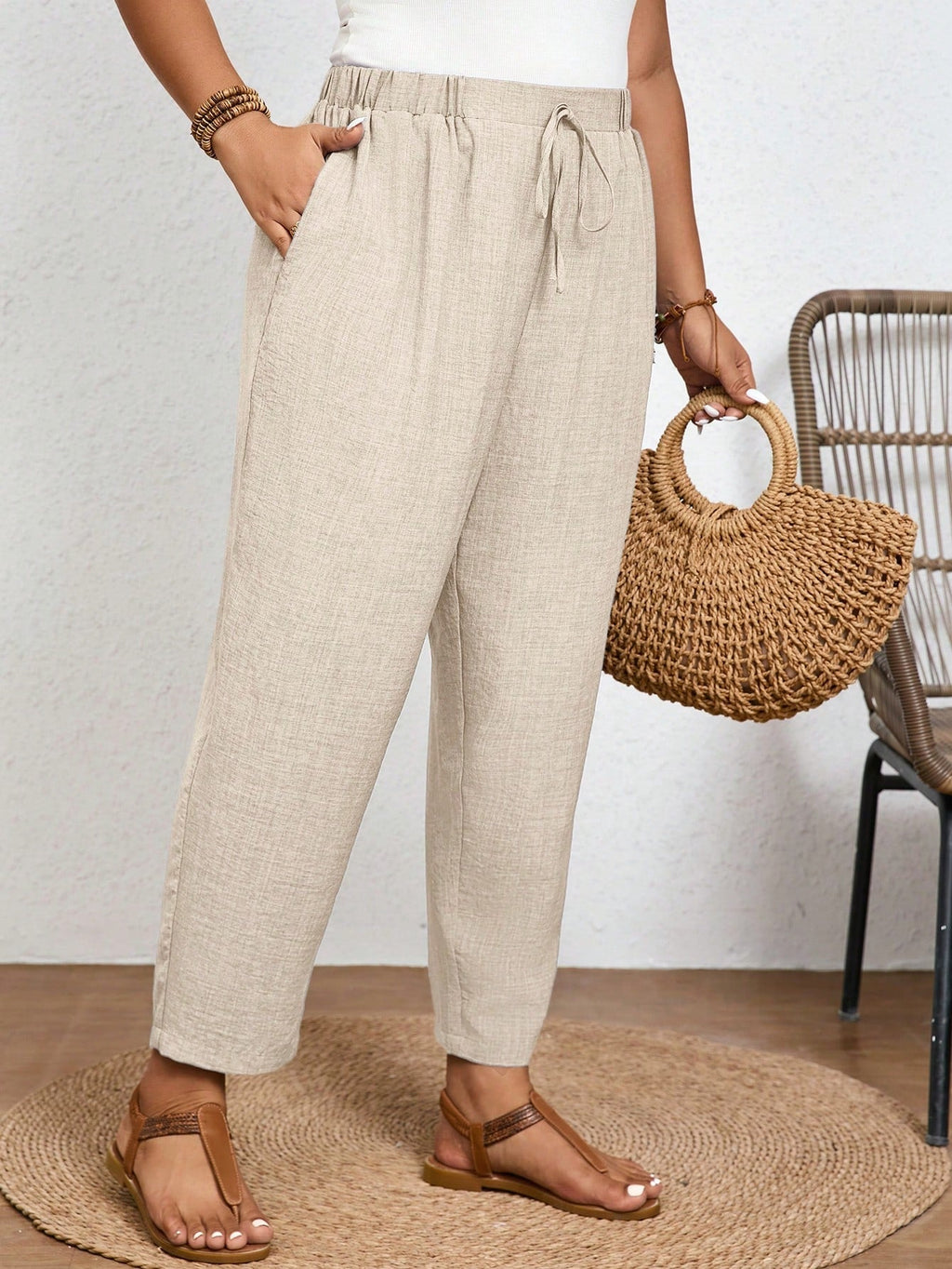 Frenchy Calça Casual de Cor Sólida Plus Size com Cintura Elástica e Bolsos Diagonais