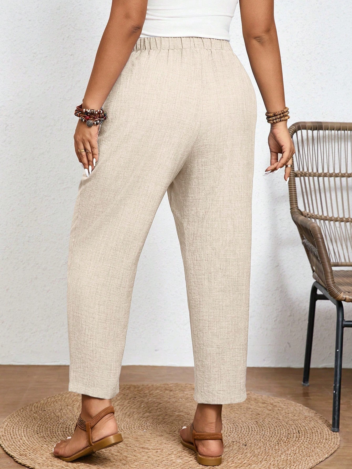 Frenchy Calça Casual de Cor Sólida Plus Size com Cintura Elástica e Bolsos Diagonais