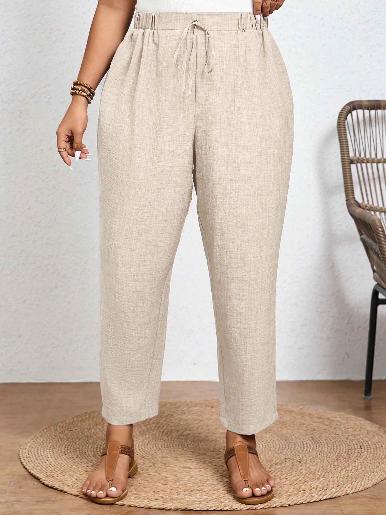 Frenchy Calça Casual de Cor Sólida Plus Size com Cintura Elástica e Bolsos Diagonais