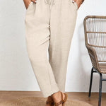 Frenchy Calça Casual de Cor Sólida Plus Size com Cintura Elástica e Bolsos Diagonais