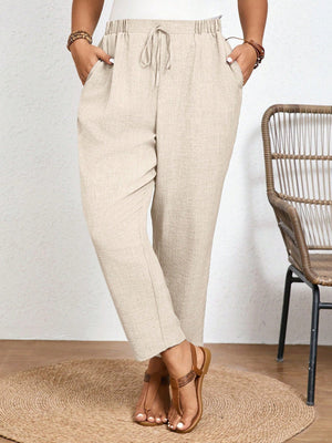 Frenchy Calça Casual de Cor Sólida Plus Size com Cintura Elástica e Bolsos Diagonais