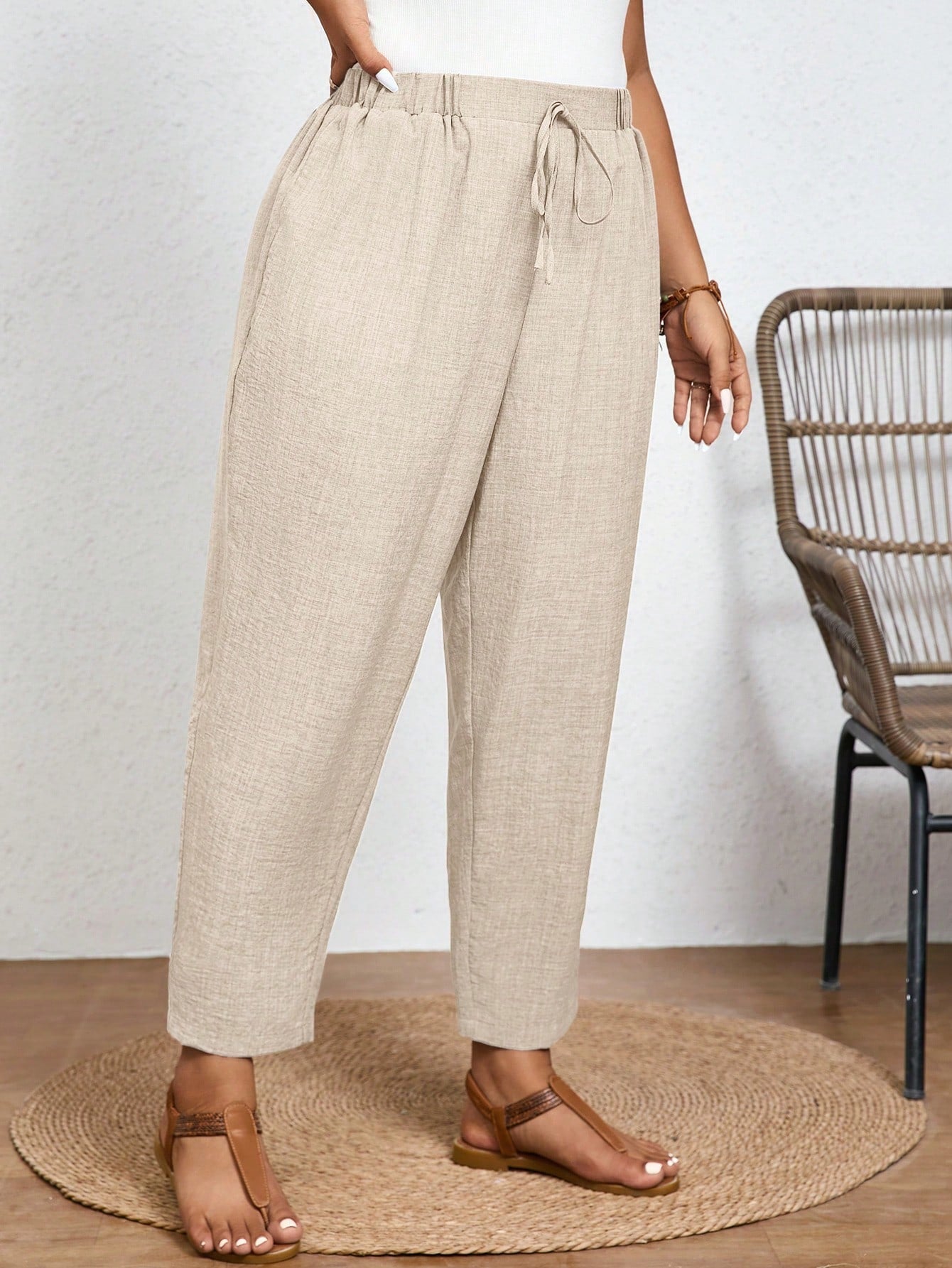 Frenchy Calça Casual de Cor Sólida Plus Size com Cintura Elástica e Bolsos Diagonais