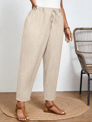 Frenchy Calça Casual de Cor Sólida Plus Size com Cintura Elástica e Bolsos Diagonais